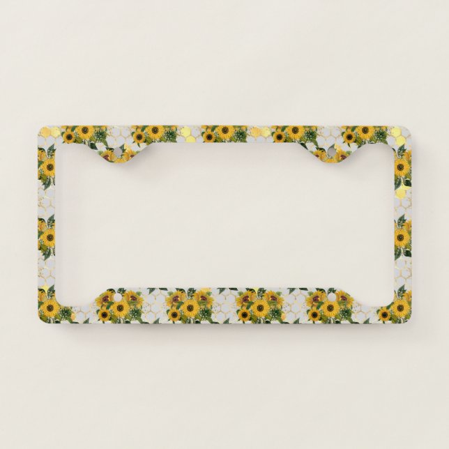 Vintage Yellow Sunflower Bouquet Honeycomb License Plate Frame (Front)
