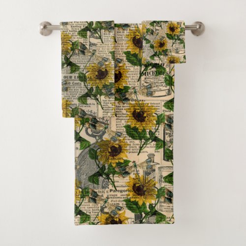 Vintage Yellow Sunflower Newspaper Dragonfly Bath Towel Set