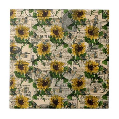 Vintage Yellow Sunflower Newspaper Dragonfly Ceramic Tile