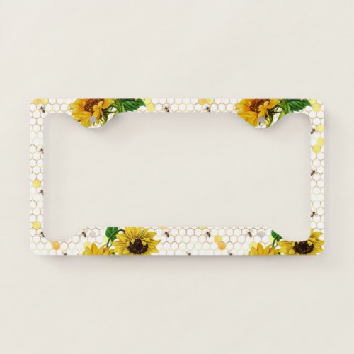 Vintage Yellow Sunflowers Bees Honeycomb License Plate Frame