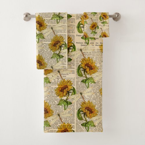 Vintage Yellow Sunflowers Newsprint Dragonflies Bath Towel Set