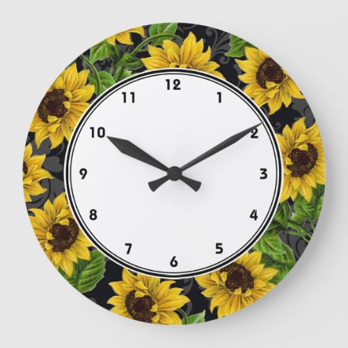 Vintage yellow sunflowers on black wall clock