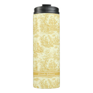 Vintage yellow toile de jouy printed thermal tumbler