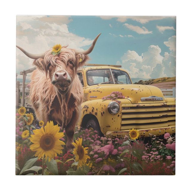 Vintage Yellow Truck Highland Cow Sunflowers Ceramic Tile (Front)