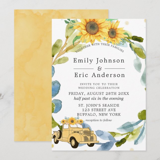 Vintage Yellow Truck Sunflowers Blue Wedding Invit Invitation (Front/Back)