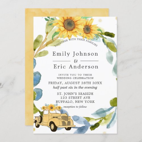 Vintage Yellow Truck Sunflowers Blue Wedding Invit Invitation