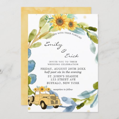 Vintage Yellow Truck Sunflowers Blue Wedding Invit Invitation