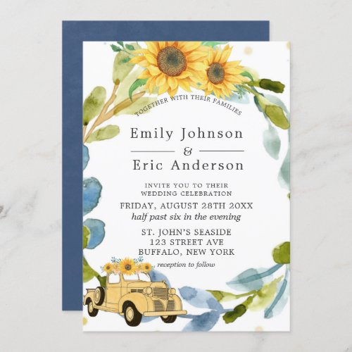 Vintage Yellow Truck Sunflowers Blue Wedding Invitation