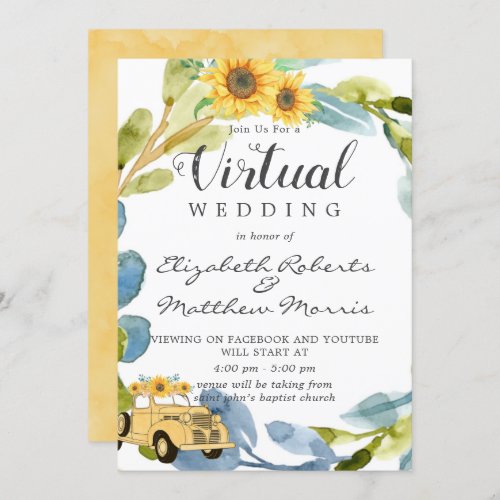 Vintage Yellow Truck Sunflowers Virtual Wedding In Invitation