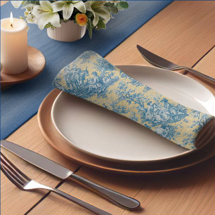 Vintage yellow turquoise toile de jouy printed cloth napkin