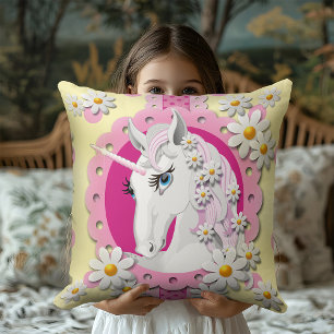 Vintage Yellow Unicorn and Daisies Floral Spotted Throw Pillow