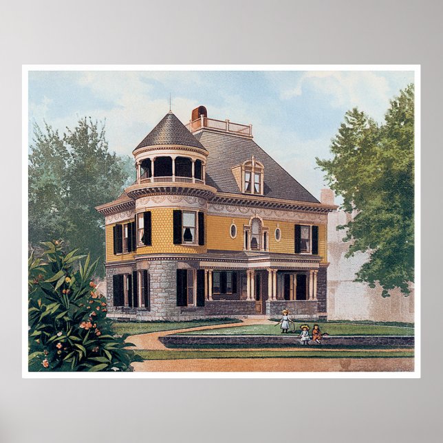 Vintage Yellow Victorian Style Home Poster (Front)