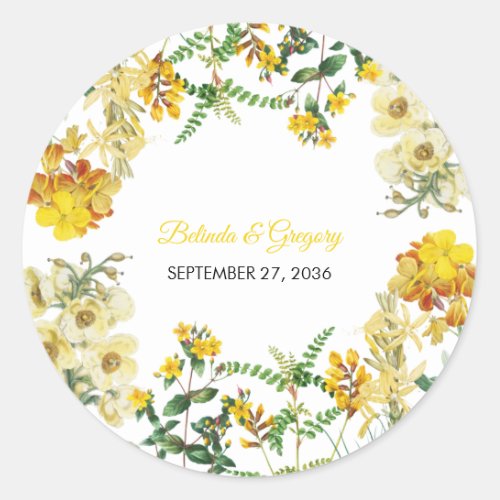 Vintage Yellow Watercolor Floral Botanical Wedding Classic Round Sticker