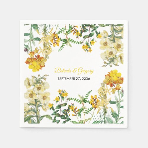Vintage Yellow Watercolor Floral Botanical Wedding Napkins