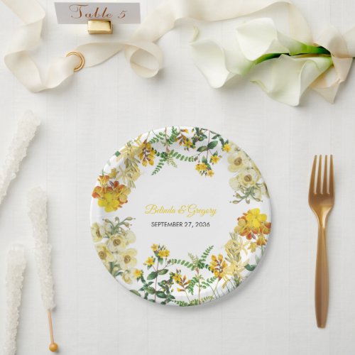 Vintage Yellow Watercolor Floral Botanical Wedding Paper Plates