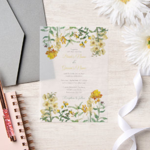 Vintage Yellow Watercolor Floral Botanical Wedding Vellum Invitations