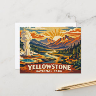 Vintage Yellowstone Geyser Sunrise Mountain Postcard