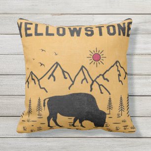 Vintage Yellowstone National Park Bison Wyoming Outdoor Pillow