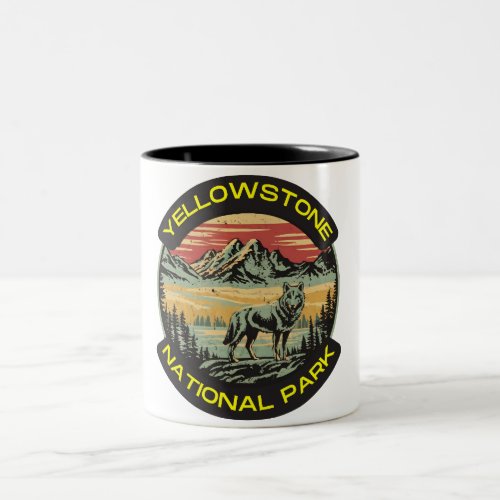 Vintage Yellowstone National Park wolf mountains Two_Tone Coffee Mug