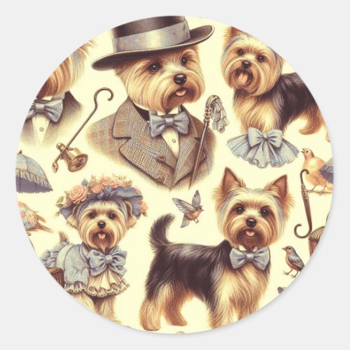 Vintage Yorkshire Terrier Seamless Classic Round Sticker