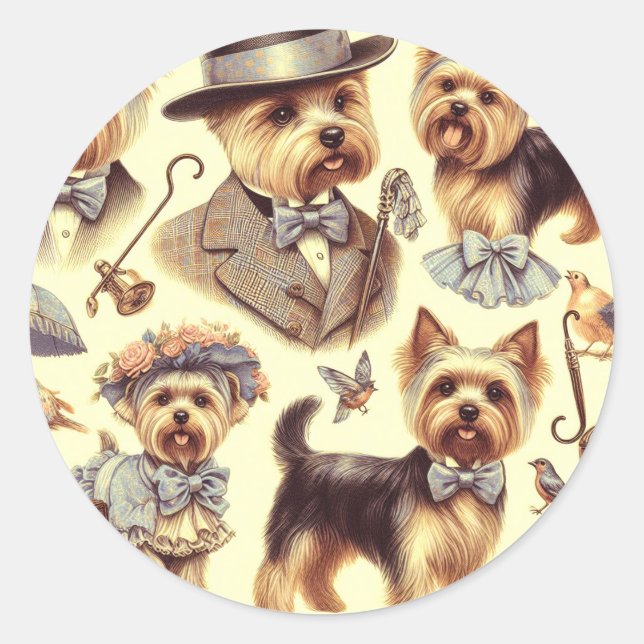 Vintage Yorkshire Terrier Seamless Classic Round Sticker (Front)