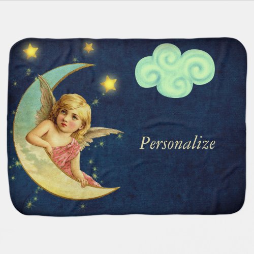 Vintage Young Angel on a Half Moon Personalize Baby Blanket
