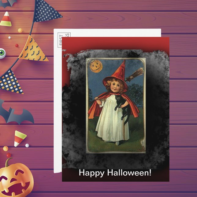 Vintage Young Halloween Witch & Cat Large Postcard (Vintage Young Halloween Witch & Cat Large Postcard)