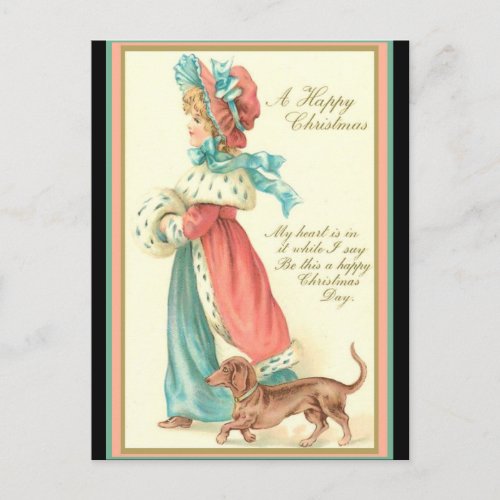 Vintage Young Lady  Dachshund Christmas copy Postcard