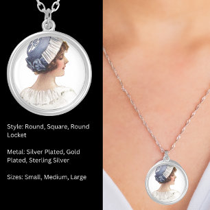 Vintage Young Lady in Bonnet Round Silver Plated Necklace