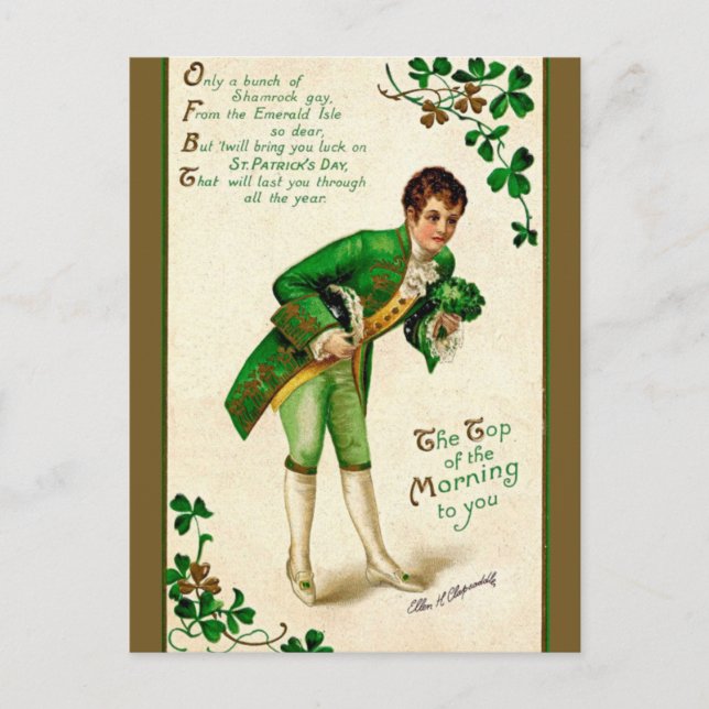 Vintage Young Man With Shamrock Bouquet Postcard (Front)