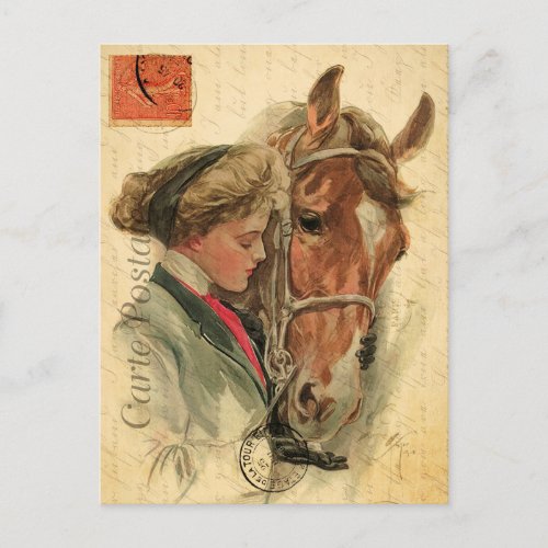 Vintage Young Woman and Horse Floral French Postcard