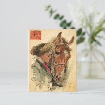 Vintage Young Woman and Horse Floral French Postcard | Zazzle