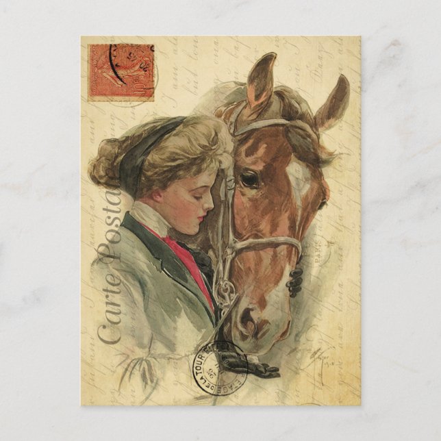 Vintage Young Woman and Horse Floral French Postcard (Front)