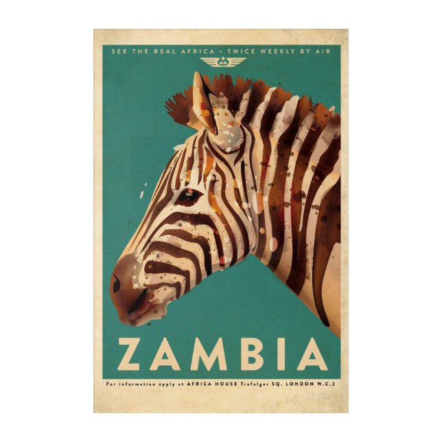 Vintage Zambia Zebra Travel Acrylic Print (Front)