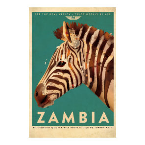 Vintage Zambia Zebra Travel Poster