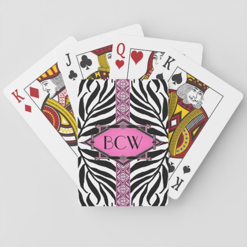 Vintage Zebra Art Deco Pink Diamond Monogram Playing Cards