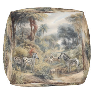 Vintage Zebra Botanical Oasis Maximalist Pouf