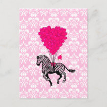 Vintage zebra & pink  heart balloons postcard