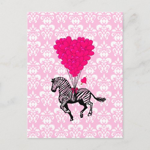 Vintage zebra  pink  heart balloons postcard