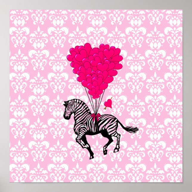 Vintage zebra & pink  heart balloons poster (Front)