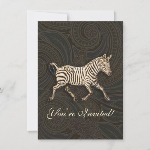 Vintage zebra running with paisley design invitation