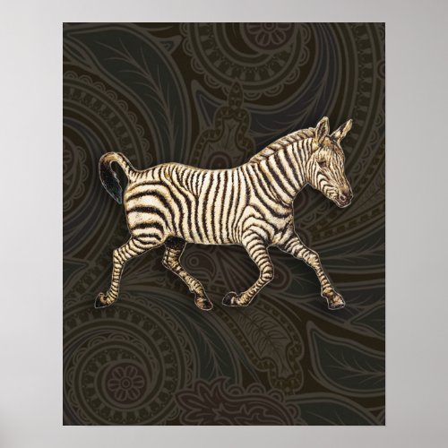 Vintage zebra running with paisley design poster