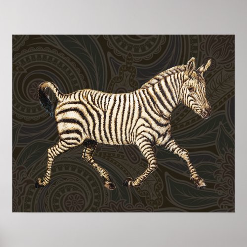 Vintage zebra running with paisley design poster