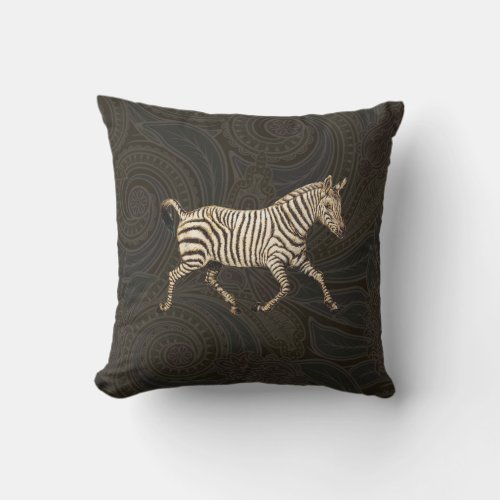 Vintage zebra running with paisley design throw pillow