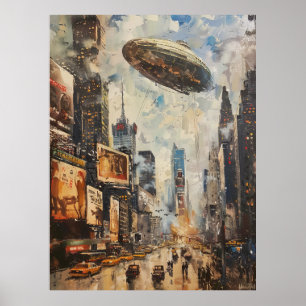 Vintage Zeppelin Airship Oil Painting New York Met Poster