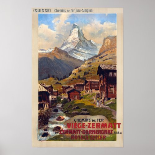 Vintage Zermatt Switzerland Matterhorn Travel Poster