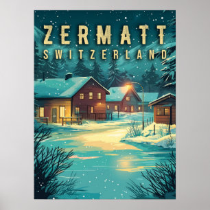 Vintage Zermatt, Switzerland: Snowy Alps at Night Poster