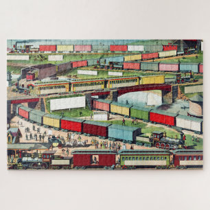 Vintage Zig-zag Passenger and Freight Train Travel Jigsaw Puzzle