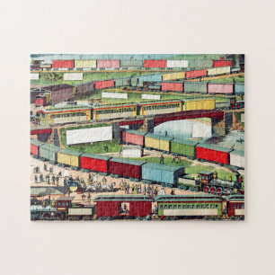 Vintage Zig-zag Passenger and Freight Train Travel Jigsaw Puzzle
