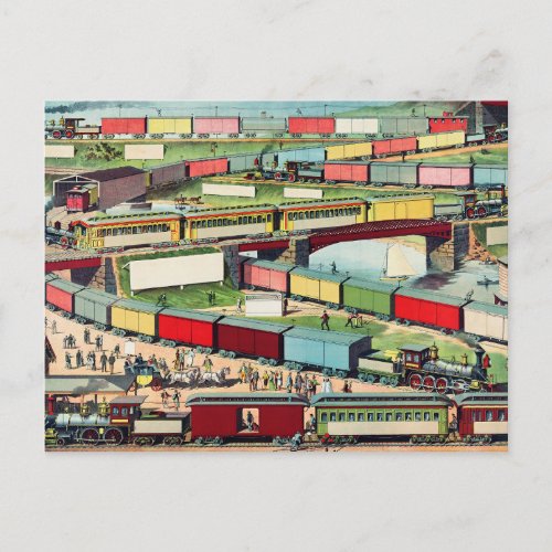 Vintage Zig_zag Passenger and Freight Train Travel Postcard